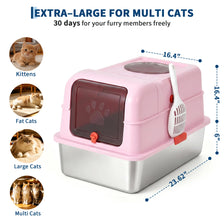 Caja de arena extra grande rosa y plateada para múltiples gatos, con abertura grande y pala.
