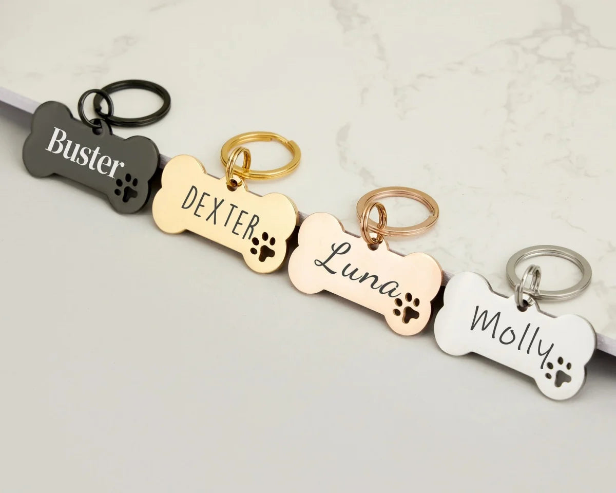 A set of custom engraved bone-shaped stainless steel dog ID tags in various colors and finishes.