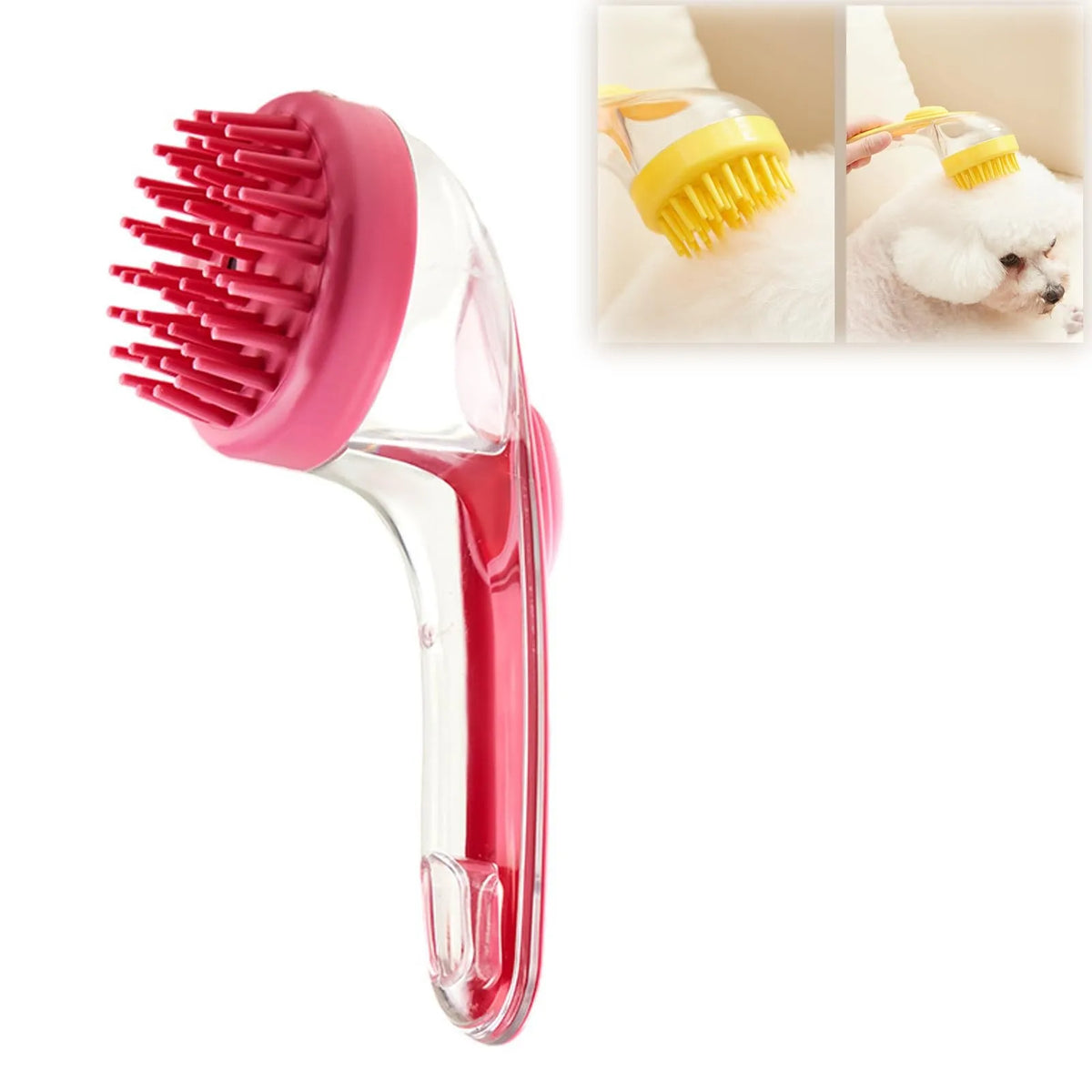 A pink silicone pet bath brush with a clear dispenser is shown next to examples of it being used on a white dog.