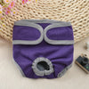 Purple and gray reusable dog diapers lying on a woven mat with pink flowers.