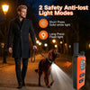 A man walks with a dog on a street, demonstrating a remote training e-collar for dogs.