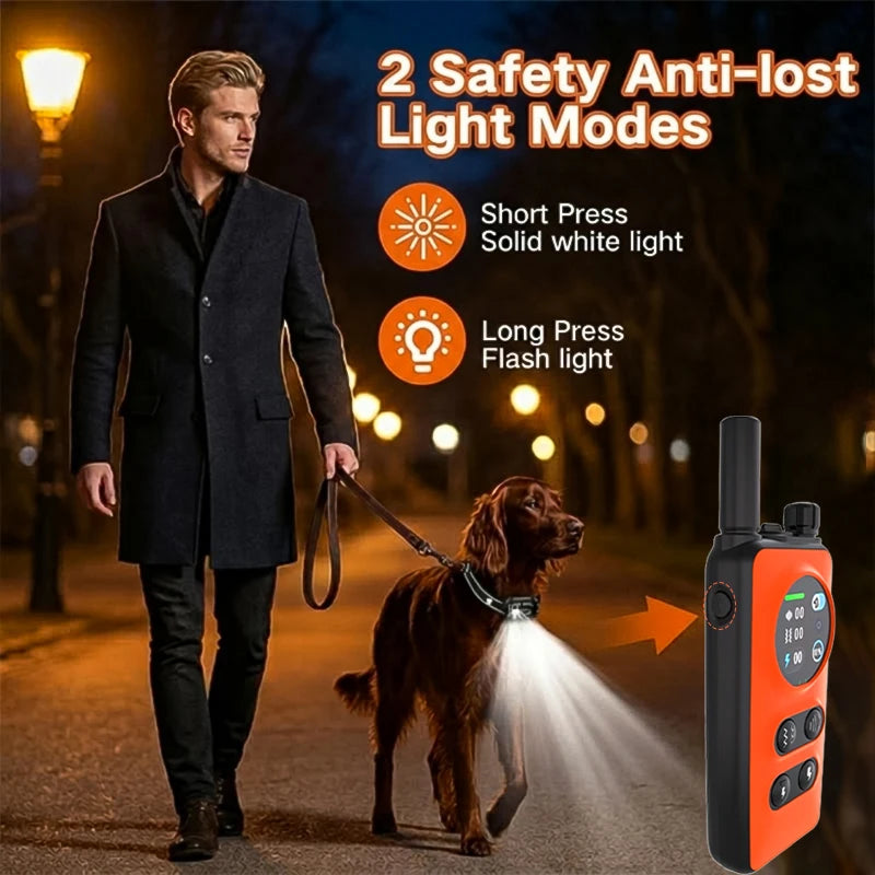 A man walks with a dog on a street, demonstrating a remote training e-collar for dogs.