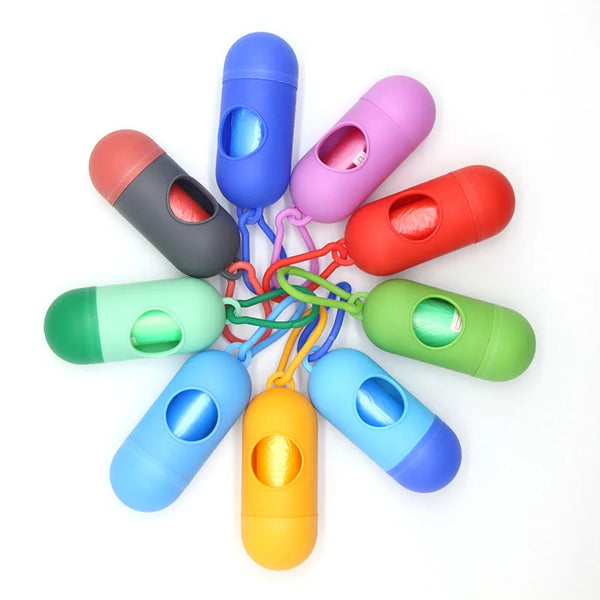 A collection of colorful capsule-shaped dog poop bag dispensers with carabiner clips arranged around a central point.