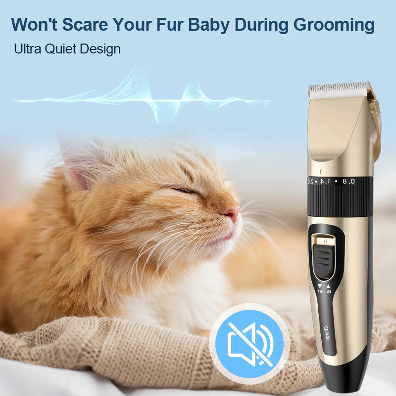 A golden-colored cordless pet grooming clipper is shown next to a relaxed orange and white cat.