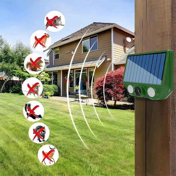 A green solar pest repellent device is shown with sound waves targeting various animals in a garden setting.