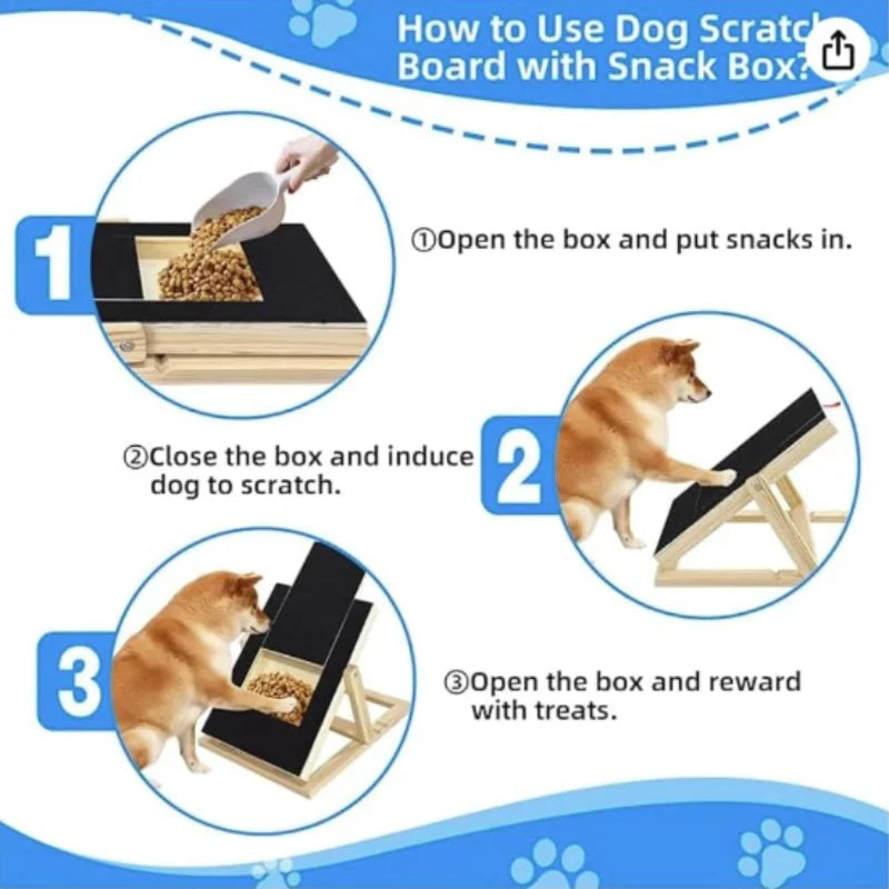 Anleitungen zur Verwendung eines Hundekratboards mit einer Leckerli-Box zur Belohnung von Haustieren.