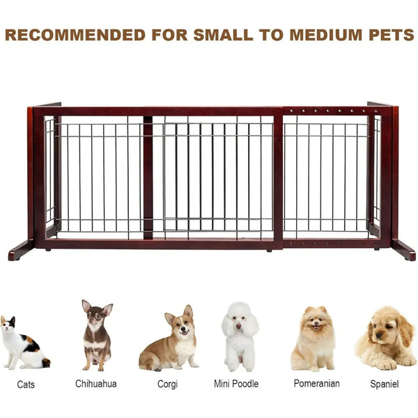 A wooden pet gate with vertical bars is shown, recommended for small to medium pets.