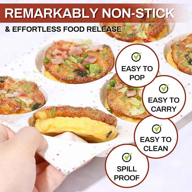 A hand holds a non-stick silicone egg mold containing a breakfast sandwich, demonstrating easy food release and portability.