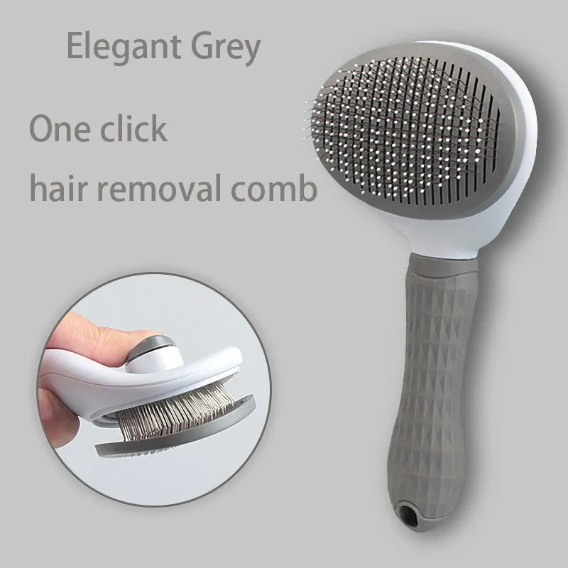 Elegant grey hair removal comb with massage pins shown next to a close-up view of the tool.