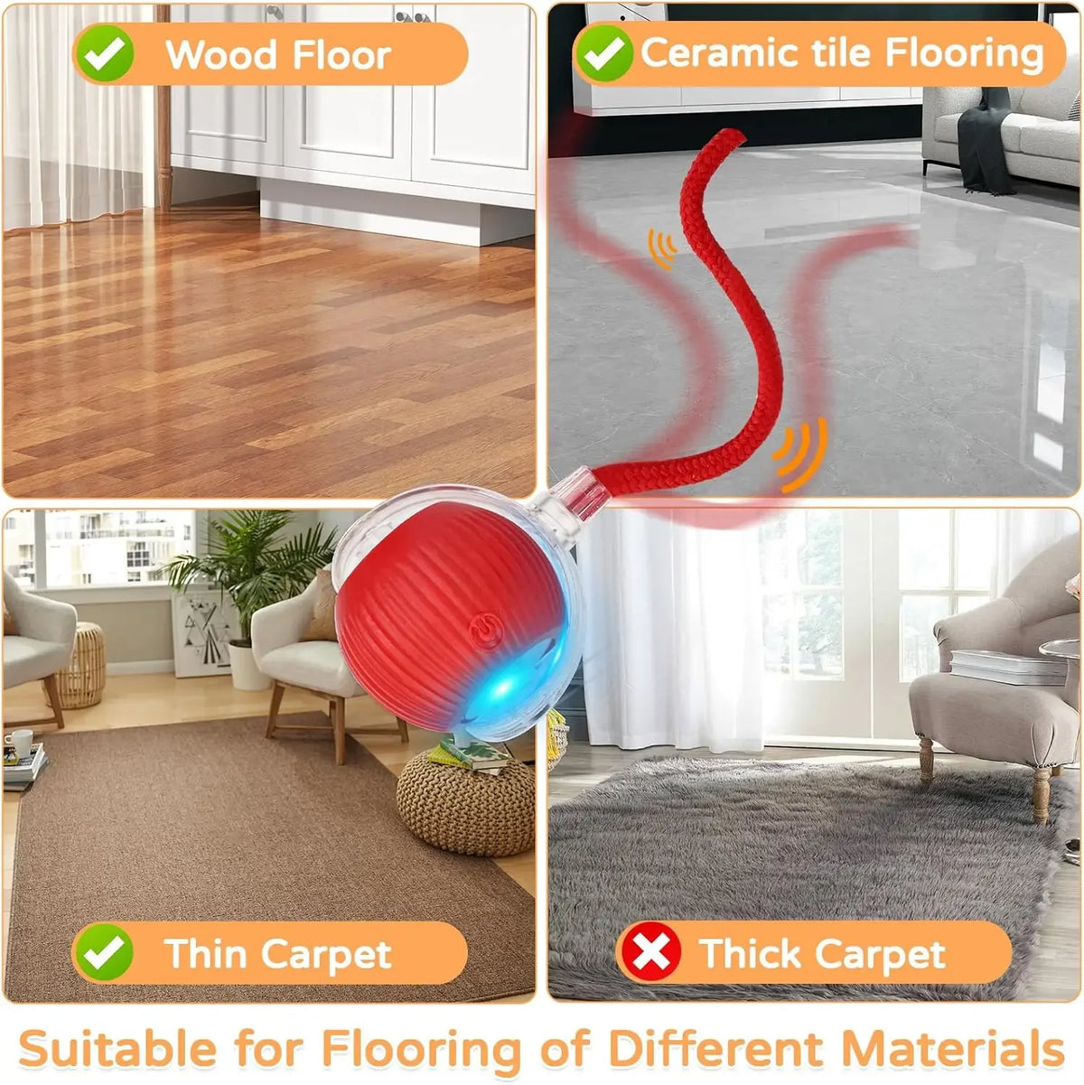 A red interactive automatic rolling cat toy is shown with various flooring materials like wood, ceramic tile, thin carpet, an