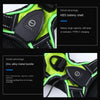 Close-up of a black LED dog harness with a reflective green strap and an ON/OFF switch.