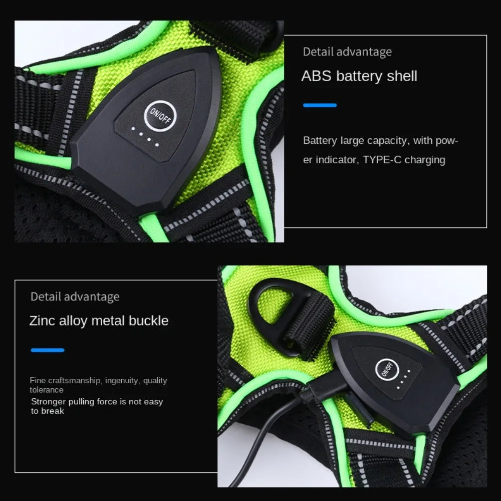 Close-up of a black LED dog harness with a reflective green strap and an ON/OFF switch.
