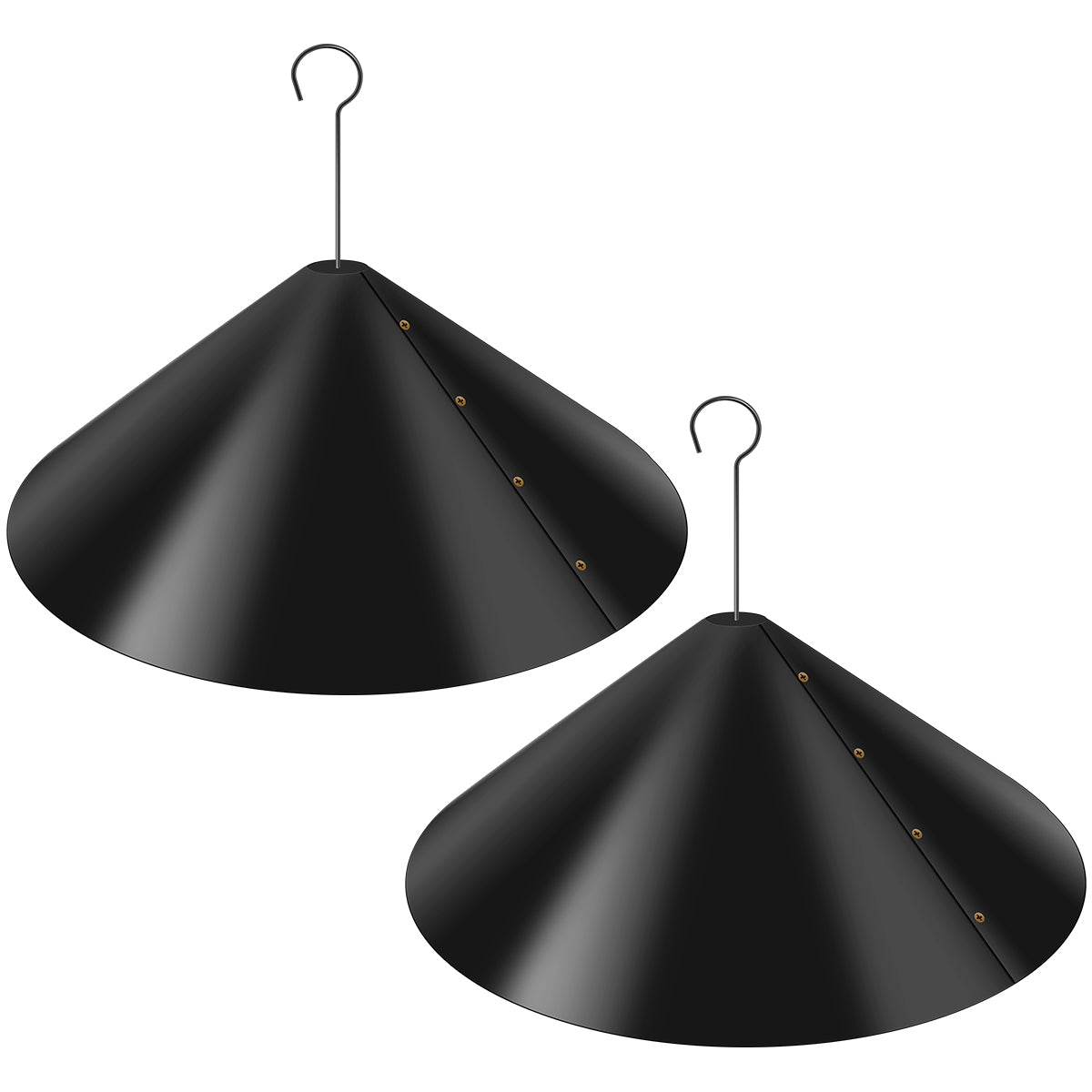Black squirrel proof baffle guard with a metal hook for hanging