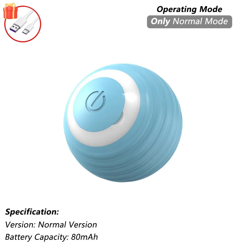 A light blue, spherical automatic rolling cat toy with a silver button on top.
