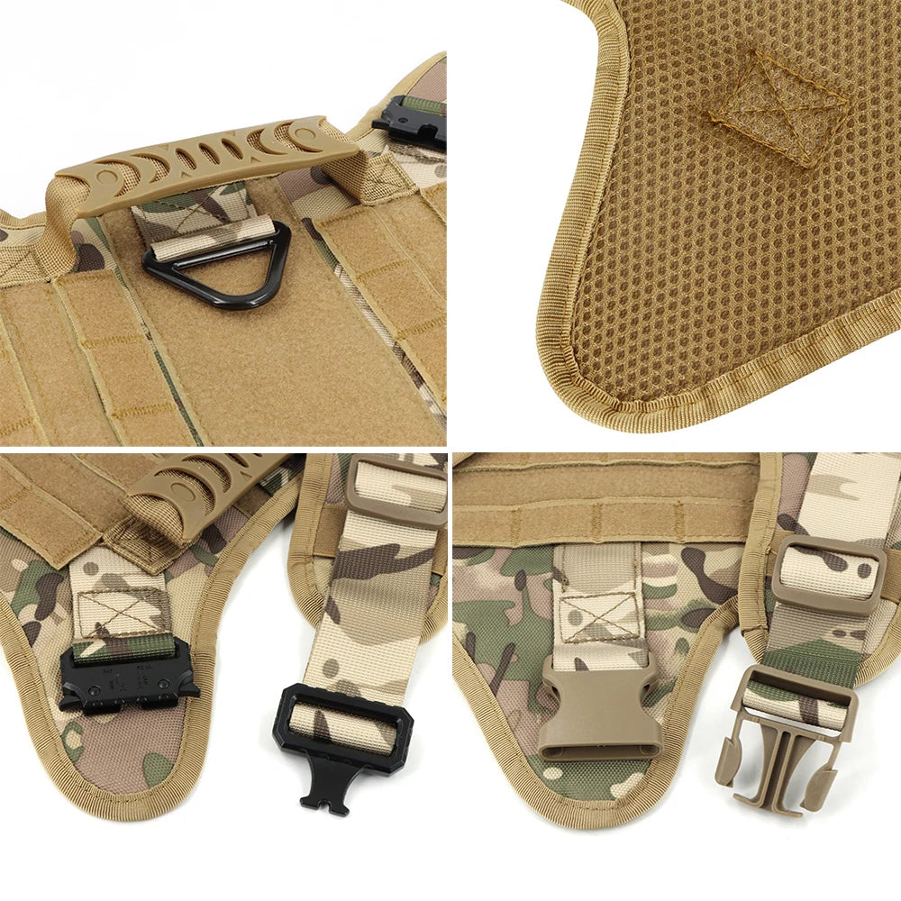 A heavy duty tactical dog harness with a padded vest and molle pouch system shown in various angles.