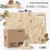 A box of poplar wood bedding with a small white rodent resting on the material, showing its size and weight.