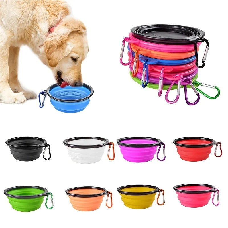 A collection of colorful collapsible silicone pet travel bowls for food and water, including black, white, pink, blue, green,