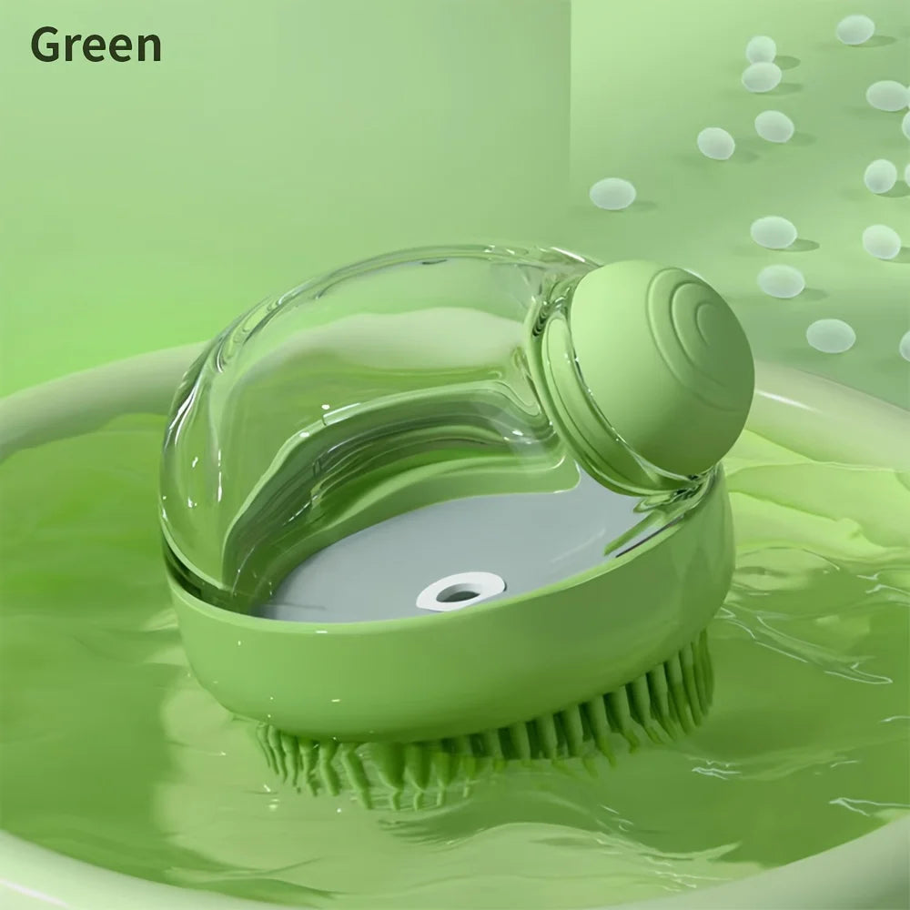 A green pet bath brush with a built-in shampoo dispenser is shown submerged in water.