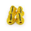 A pair of yellow mesh dog and cat walking shoes with black straps