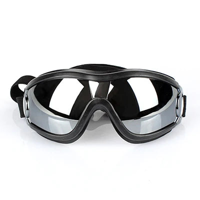 A pair of black durable dog eye protection sunglasses viewed from the front.