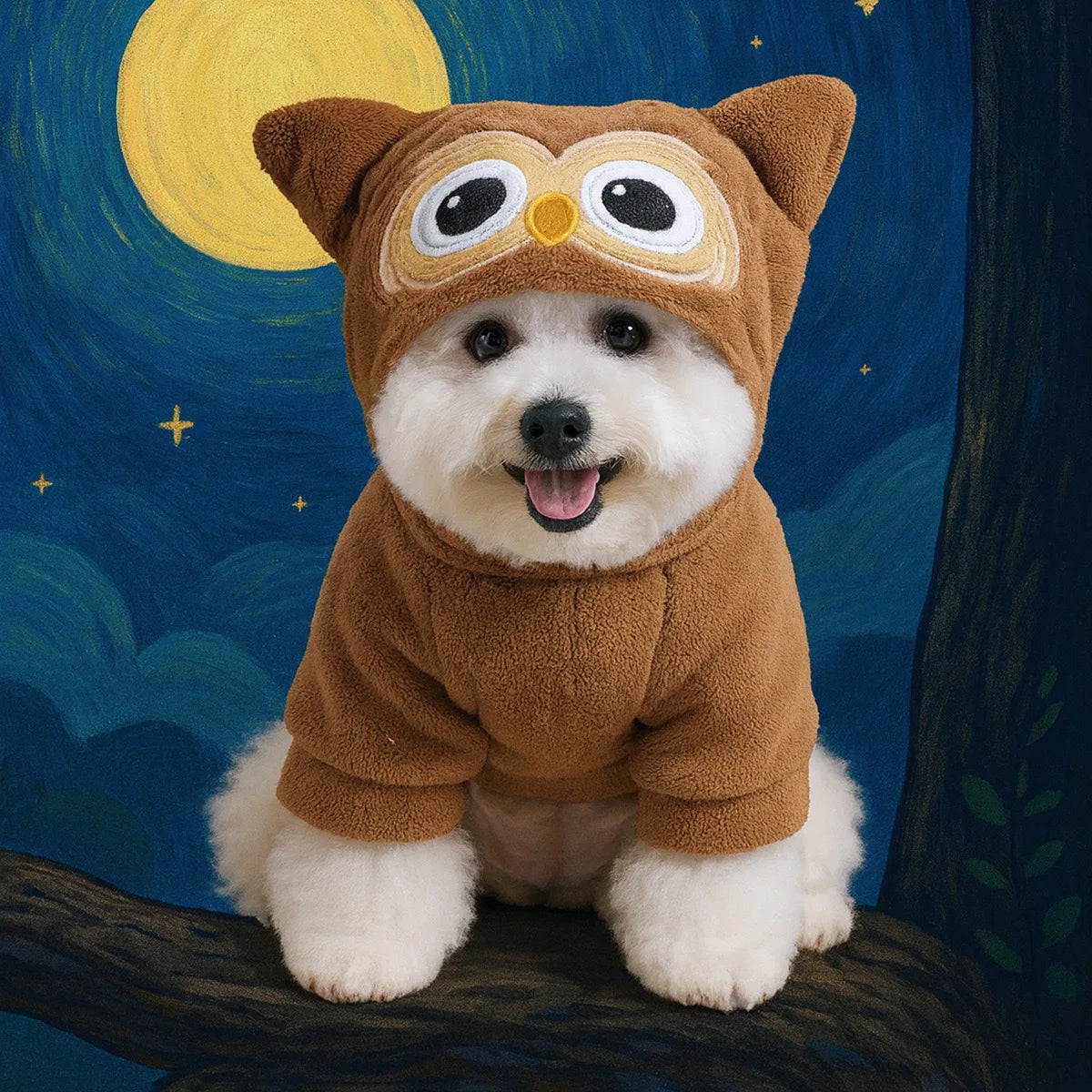 A fluffy white dog wearing a brown seasonal flannel hoodie with large owl-like eyes, sitting on a dark branch against a blue 