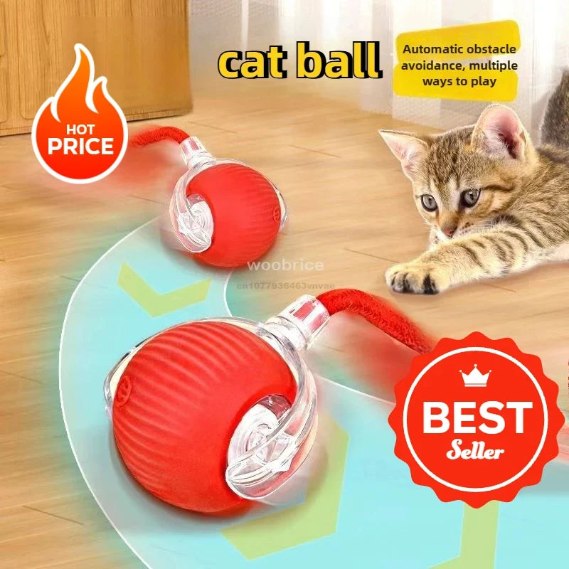 A bright red automatic rolling interactive ball for cats is shown on a light blue mat.