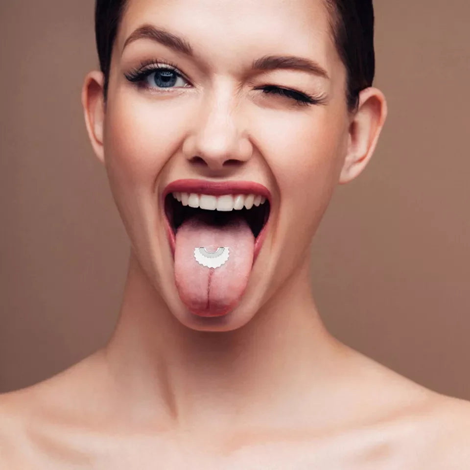 A woman smiling widely showing her tongue and teeth for a realistic sound effect demonstration.