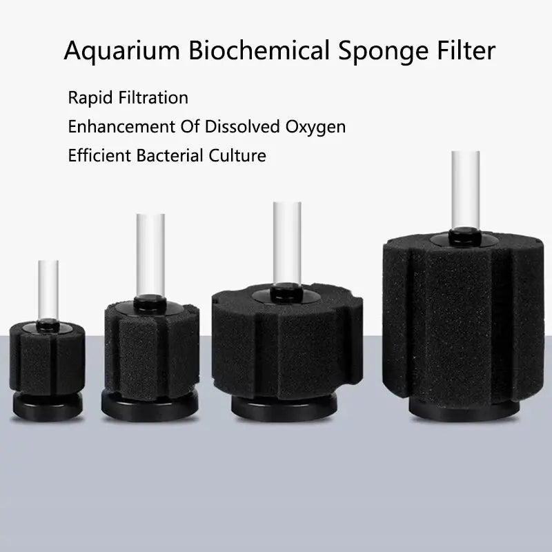 Three black biochemical sponge filters for aquarium use shown from the side.