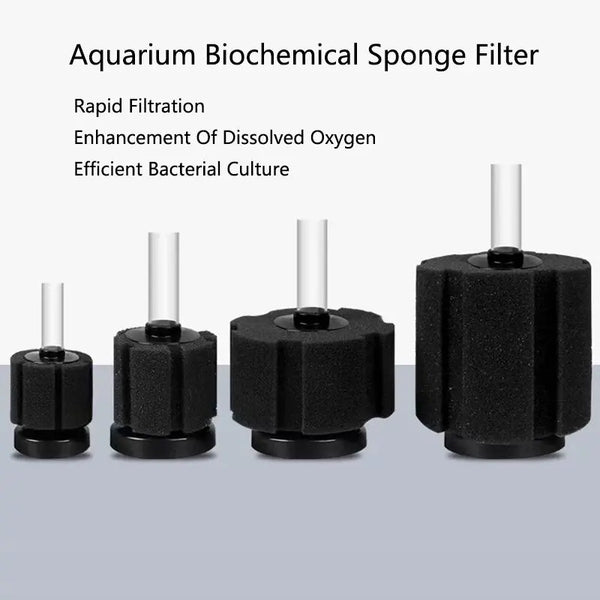 Three black biochemical sponge filters for aquarium use shown from the side.