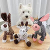 A collection of plush squeaky donkey dog toys featuring various textures and colors, including brown, white, and gray.