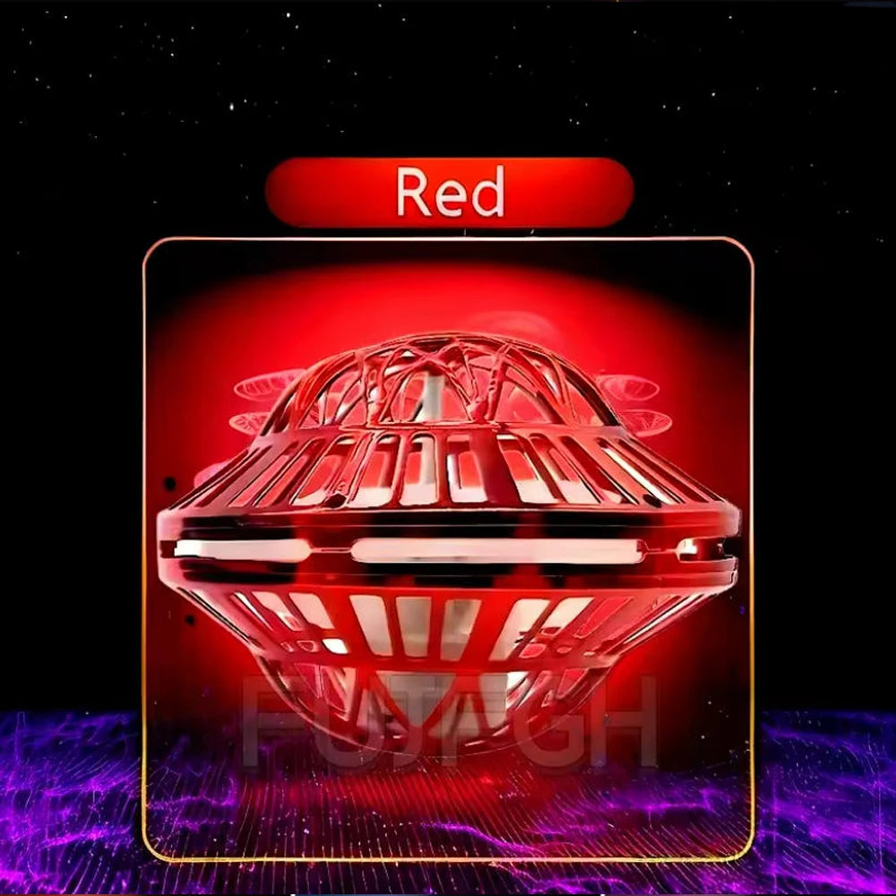 A red LED flying boomerang ball with glowing lights is displayed against a dark background.