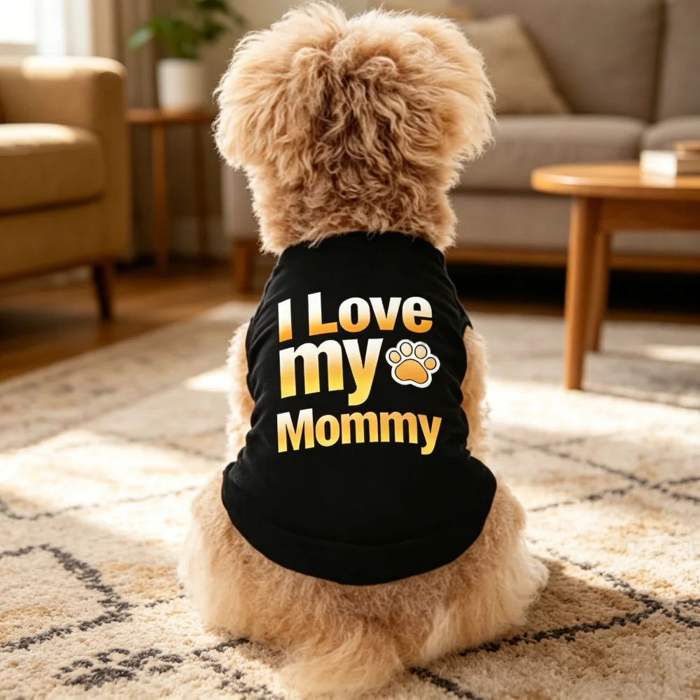 A fluffy golden retriever dog wearing a black sweater with the text I Love my Mommy printed on the back