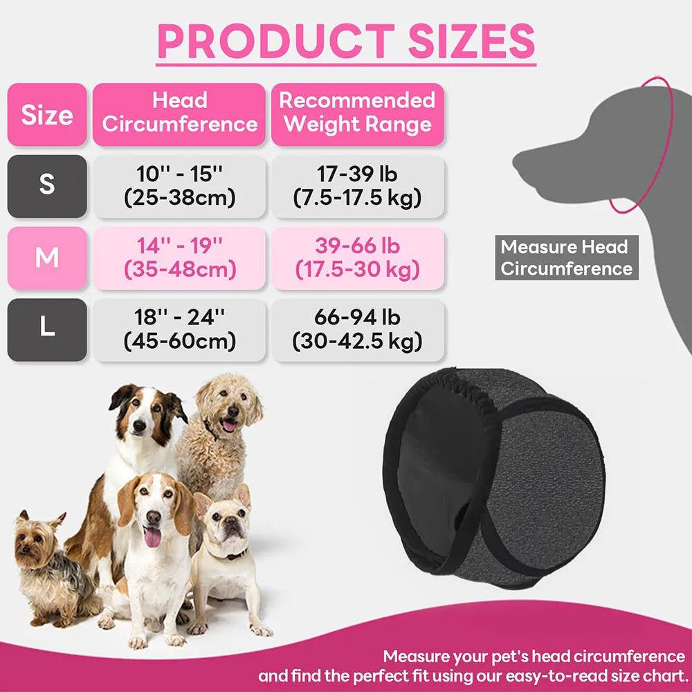 A guide showing product sizes for dog ear muffs, including S, M, and L sizes with corresponding head circumferences and weigh