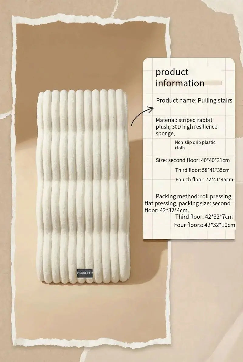 A roll of white striped rabbit plush climbing stairs for dogs with product information details.