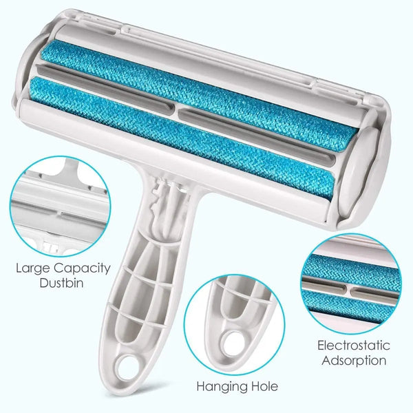 A white reusable pet hair remover roller with three blue bristles and a hanging hole.