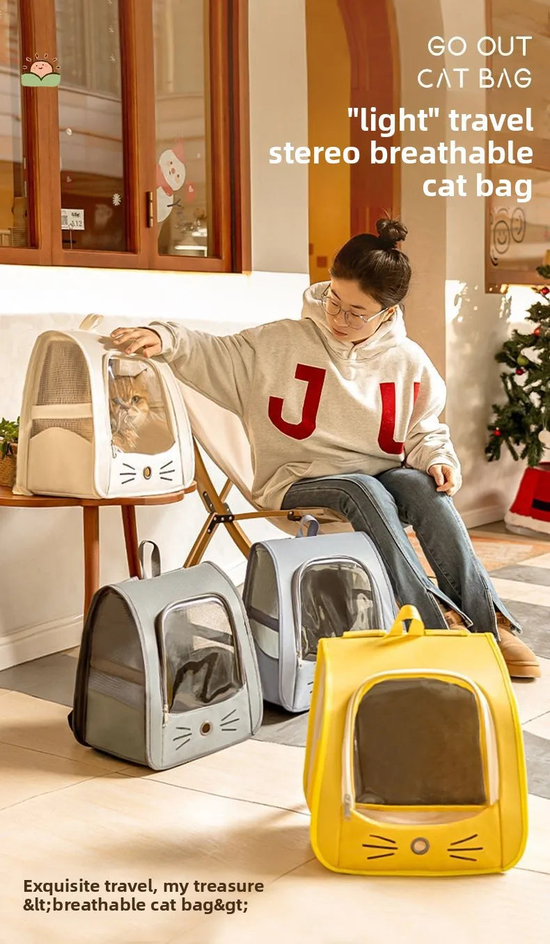 Geliger tragbarer Katzentransport-Rucksack auf dem Boden neben einer Person, mit anderen Transportmitteln sichtbar.
