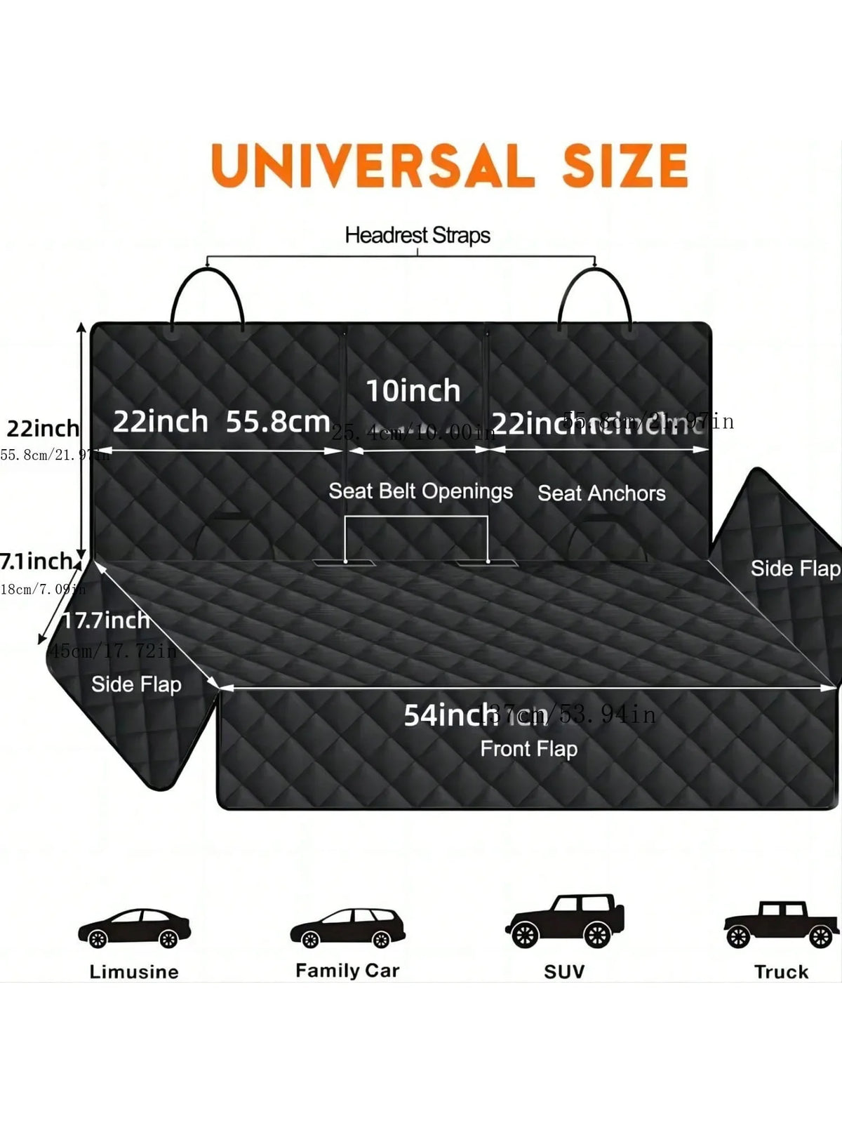 Black universal size dog car seat cover with headrest straps and belt openings for various vehicles