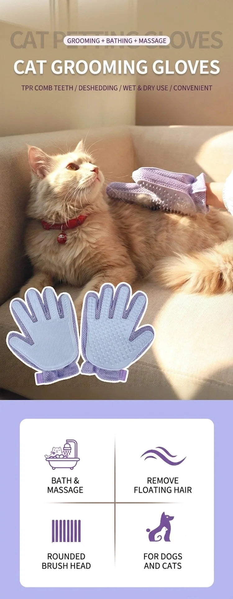 Violette Pflegeschutzhandschuhe zum Baden, Massieren und Entfernen von losem Fell bei Hunden und Katzen