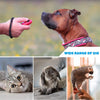 Un chien brun portant une harnais rose est montré à côté de mains tenant un clicker rouge, un chat et un petit rongeur.