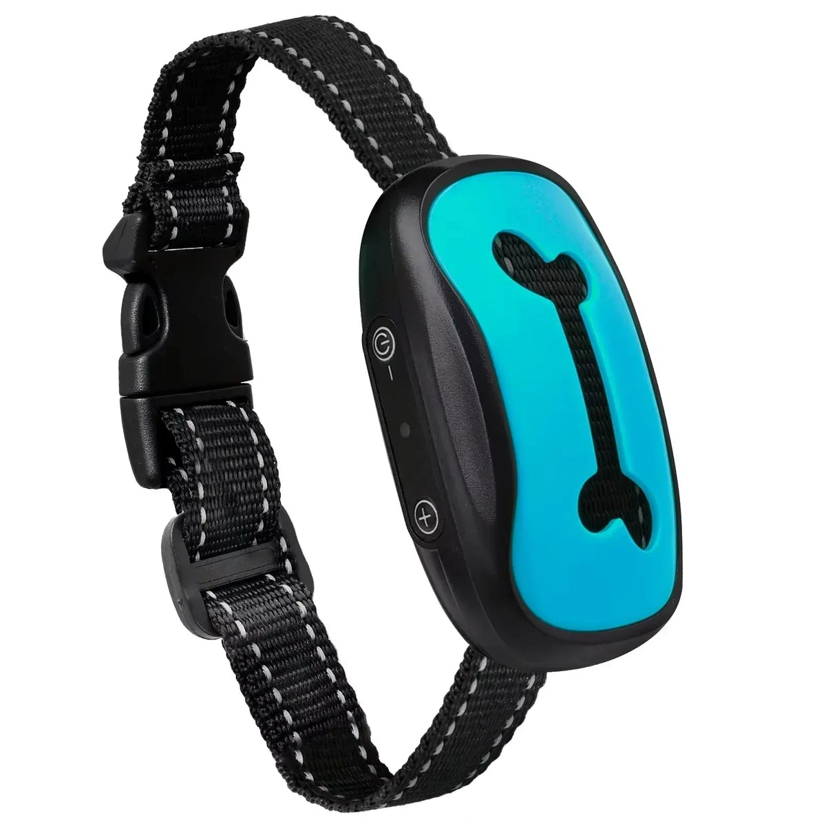A black dog bark collar with a bright blue electronic component and a black strap.
