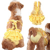 A brown dog wearing yellow polka-dot reusable diaper pants.