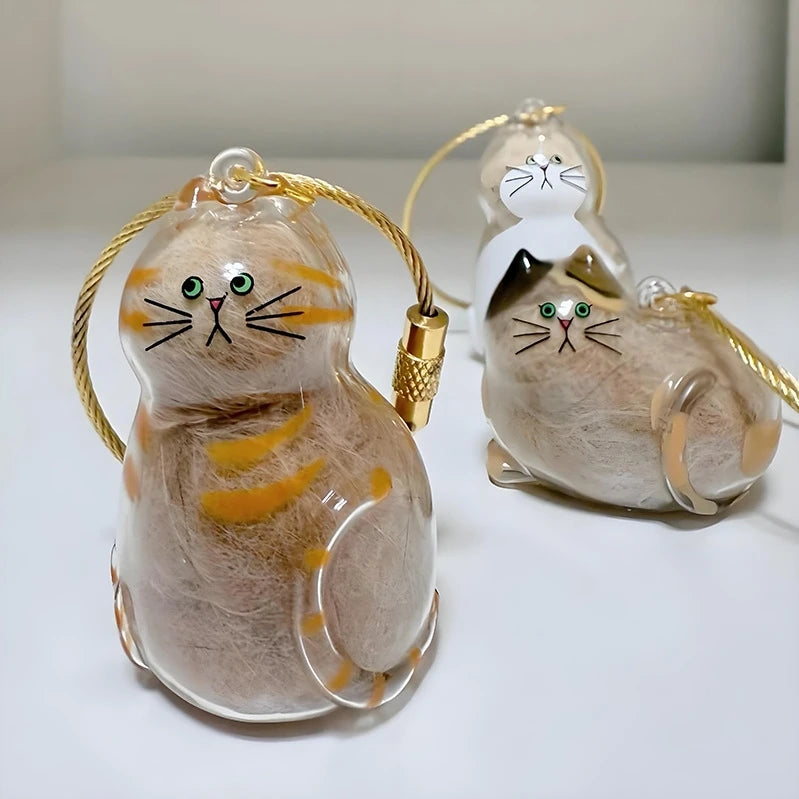 Klares Glasfigur einer orangefarbenen Katze mit gelben Streifen, an einem goldfarbenen Schlüsselanhänger.