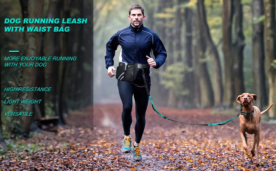 A man is running a dog on a leash with a waist bag in a forest setting.