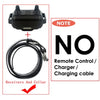 A black remote dog training collar with a charging cable and receiver collar shown with a note against it.