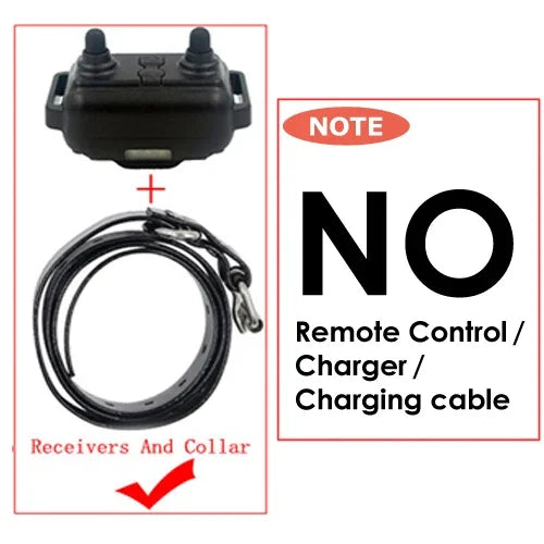 A black remote dog training collar with a charging cable and receiver collar shown with a note against it.