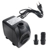 Black submersible water pump with a cord and two threaded connectors for aquatic use