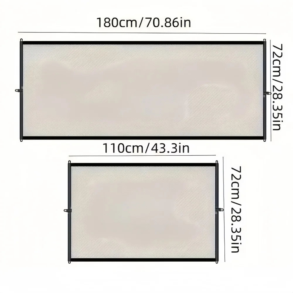 A rectangular heavy duty foldable pet gate or barrier fence with black framing and a mesh fabric in a beige color.
