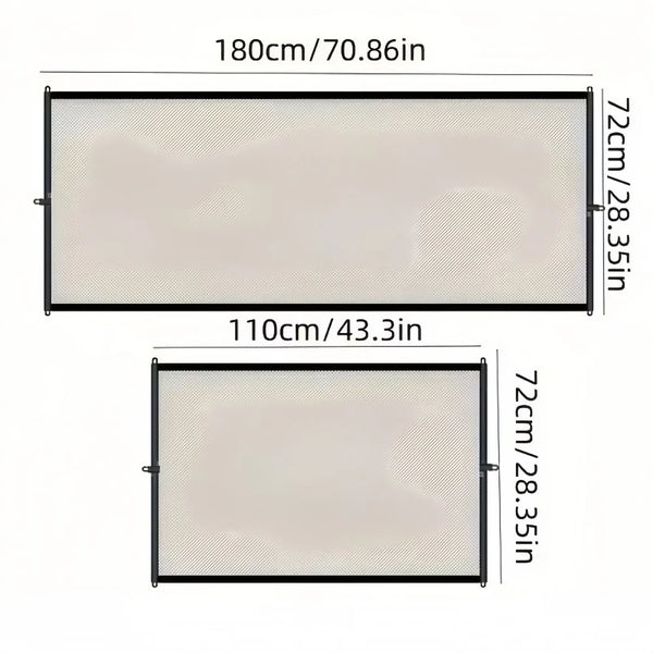A rectangular heavy duty foldable pet gate or barrier fence with black framing and a mesh fabric in a beige color.