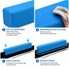 Blue EVA foam dog car window chin rest cushion shown in various views and installation context.