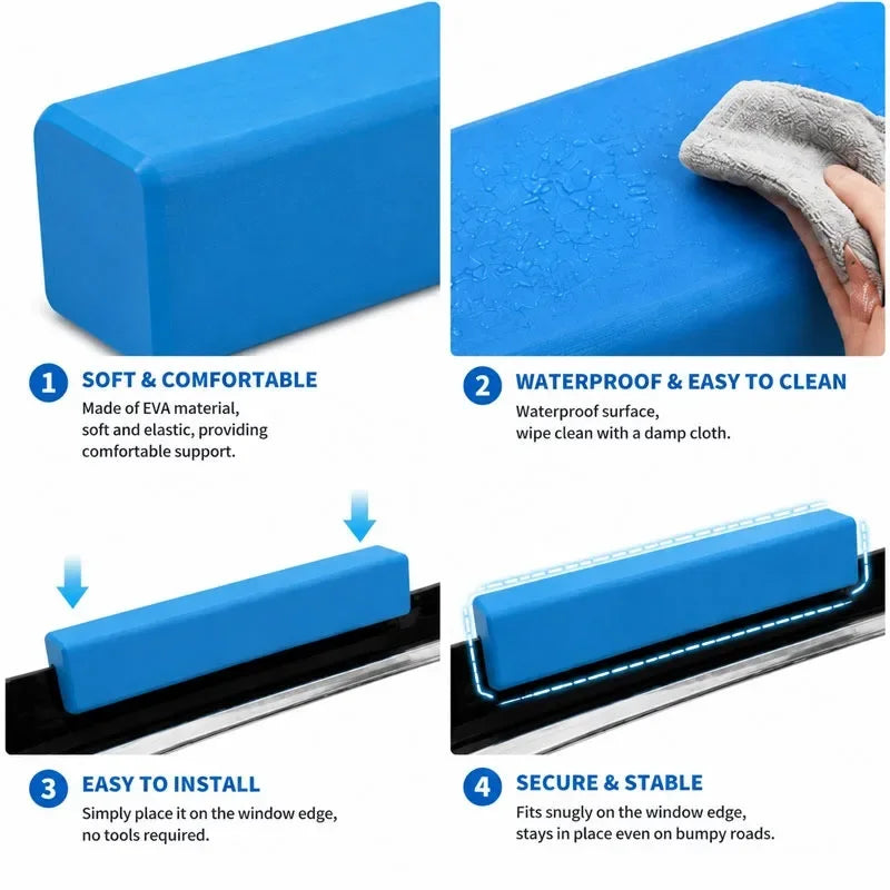 Blue EVA foam dog car window chin rest cushion shown in various views and installation context.